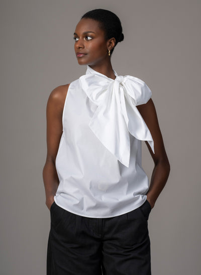 Emilia White Cotton Poplin Sleeveless Pussybow Shirt