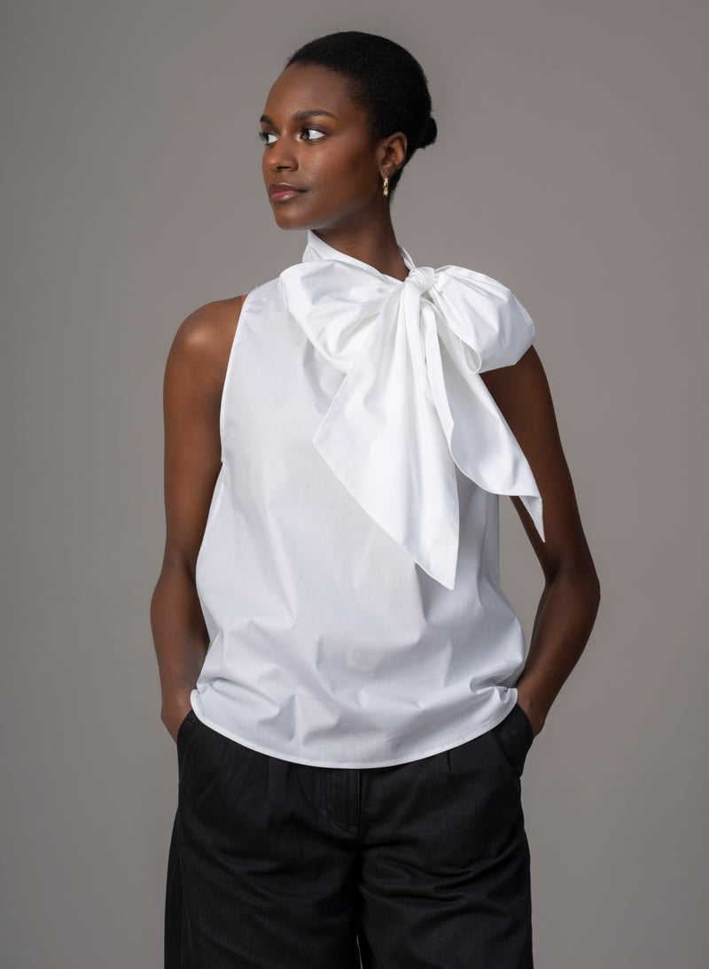 Emilia White Cotton Poplin Sleeveless Pussybow Shirt