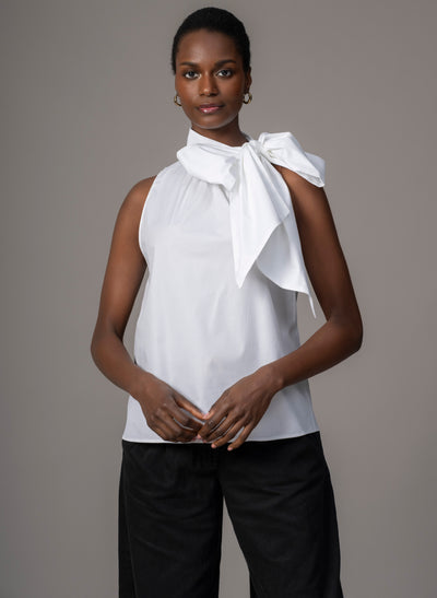 Emilia White Cotton Poplin Sleeveless Pussybow Shirt