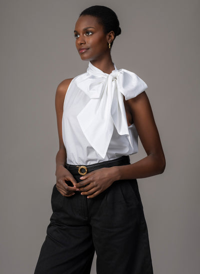 Emilia White Cotton Poplin Sleeveless Pussybow Shirt