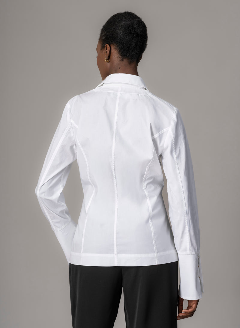 Esmeralda White V-Neck Tailored Shirt with Split Hem