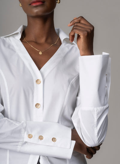 Esmeralda White V-Neck Tailored Shirt with Split Hem