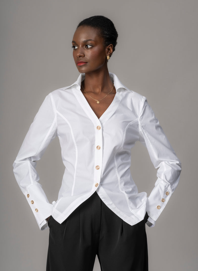 Esmeralda White V-Neck Tailored Shirt with Split Hem