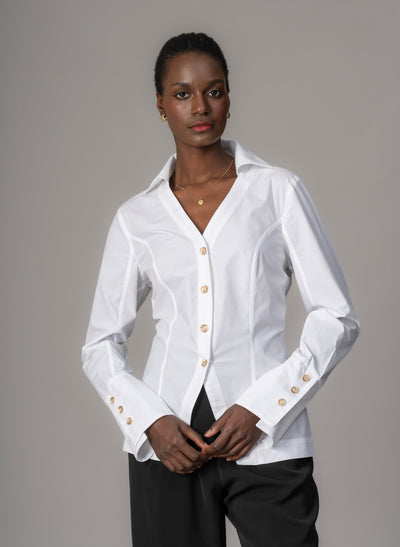 Esmeralda White V-Neck Tailored Shirt with Split Hem