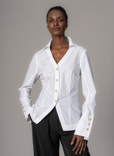 Esmeralda White V-Neck Tailored Shirt with Split Hem
