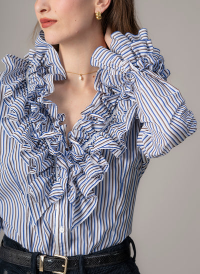 Filadelfia Navy & Brown Stripe Tailored Ruffle Collar and Cuff Shirt
