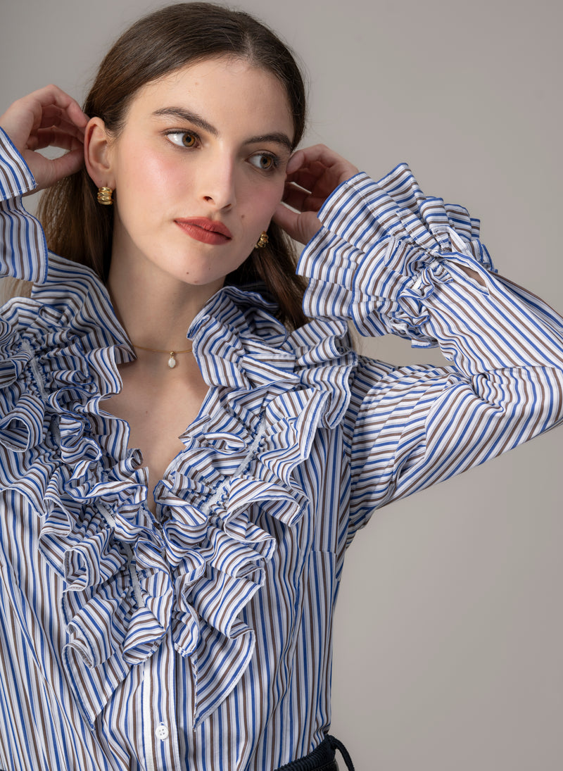 Filadelfia Navy & Brown Stripe Tailored Ruffle Collar and Cuff Shirt