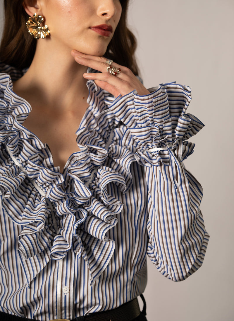 Filadelfia Navy & Brown Stripe Tailored Ruffle Collar and Cuff Shirt