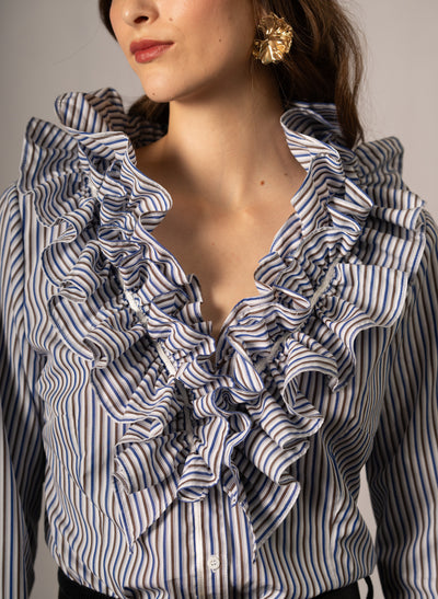 Filadelfia Navy & Brown Stripe Tailored Ruffle Collar and Cuff Shirt