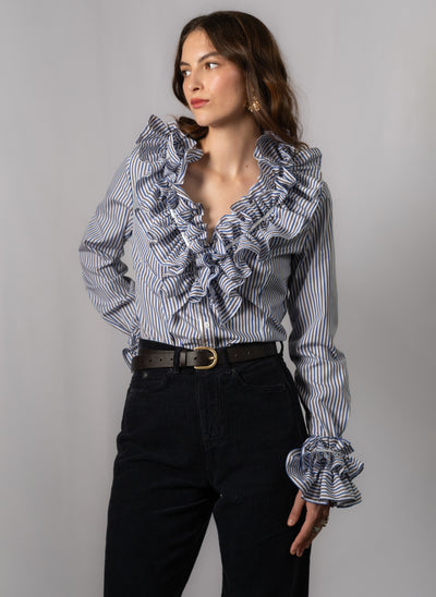 Filadelfia Navy & Brown Stripe Tailored Ruffle Collar and Cuff Shirt