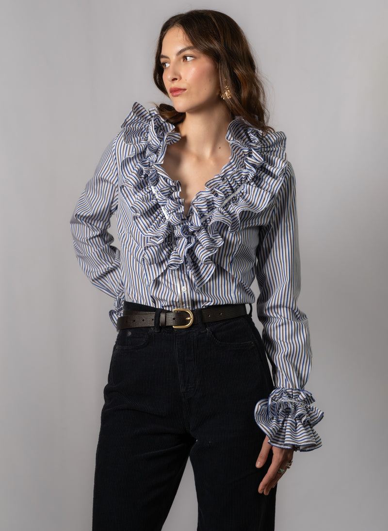 Filadelfia Navy & Brown Stripe Tailored Ruffle Collar and Cuff Shirt