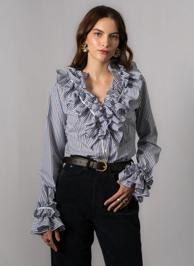 Filadelfia Navy & Brown Stripe Tailored Ruffle Collar and Cuff Shirt