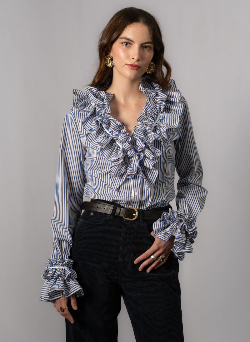 Filadelfia Navy & Brown Stripe Tailored Ruffle Collar and Cuff Shirt