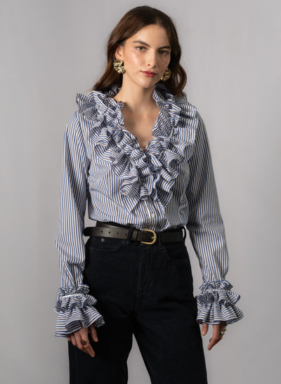 Filadelfia Navy & Brown Stripe Tailored Ruffle Collar and Cuff Shirt