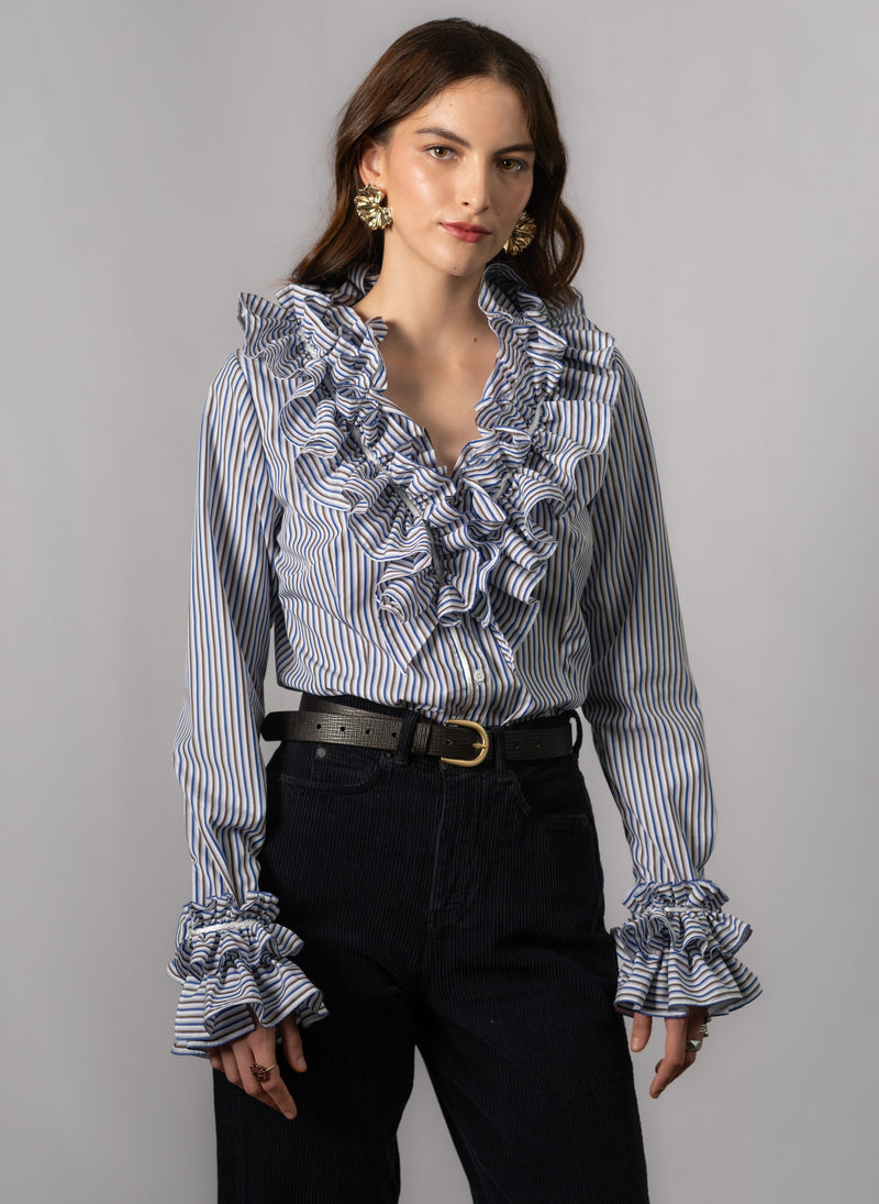 Filadelfia Navy & Brown Stripe Tailored Ruffle Collar and Cuff Shirt