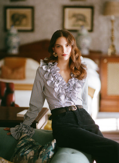 Filadelfia Navy & Brown Stripe Tailored Ruffle Collar and Cuff Shirt