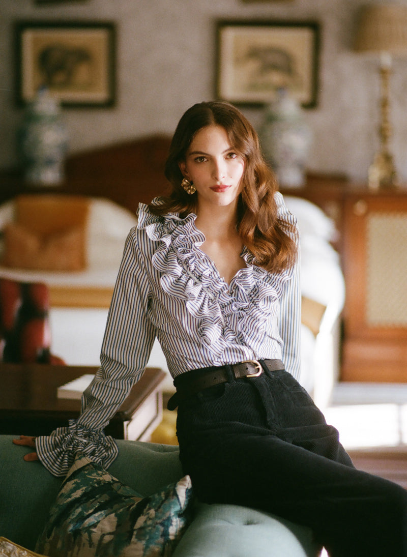 Filadelfia Navy & Brown Stripe Tailored Ruffle Collar and Cuff Shirt