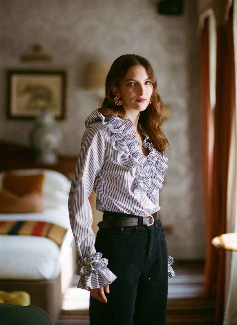 Filadelfia Navy & Brown Stripe Tailored Ruffle Collar and Cuff Shirt