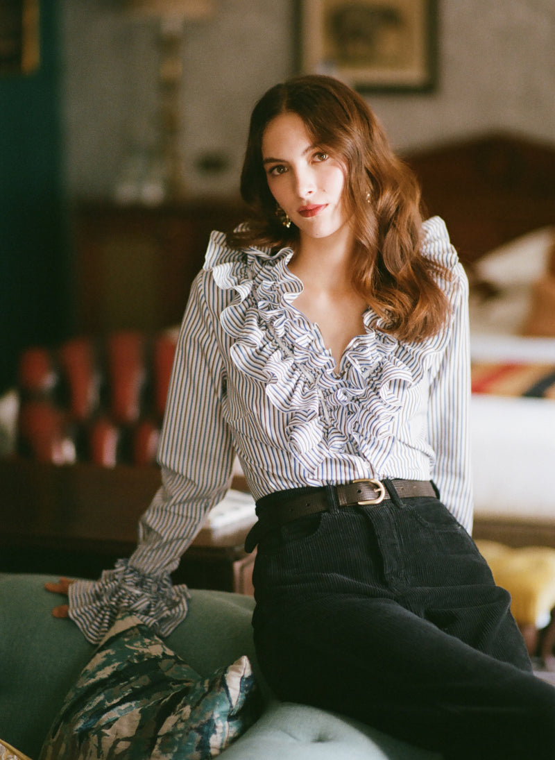 Filadelfia Navy & Brown Stripe Tailored Ruffle Collar and Cuff Shirt