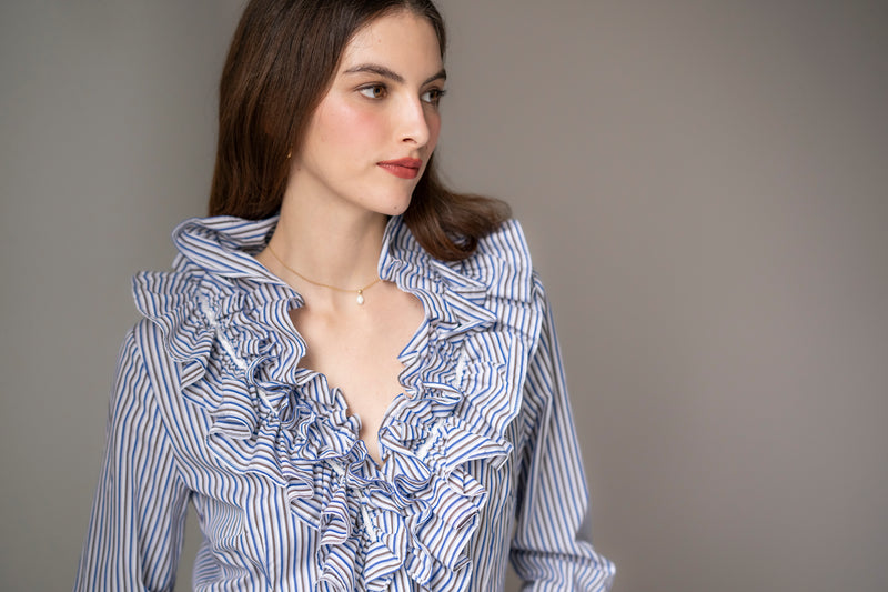 Filadelfia Navy & Brown Stripe Tailored Ruffle Collar and Cuff Shirt