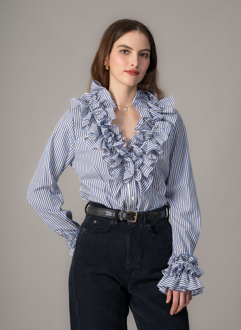 Filadelfia Navy & Brown Stripe Tailored Ruffle Collar and Cuff Shirt