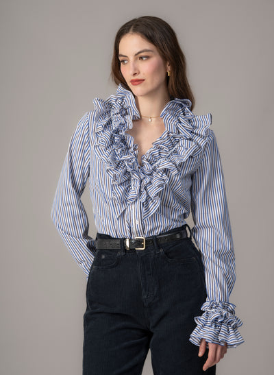 Filadelfia Navy & Brown Stripe Tailored Ruffle Collar and Cuff Shirt