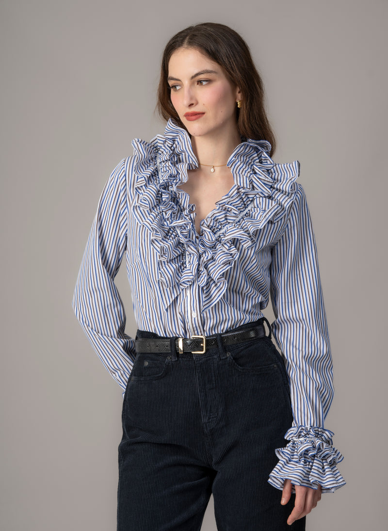 Filadelfia Navy & Brown Stripe Tailored Ruffle Collar and Cuff Shirt
