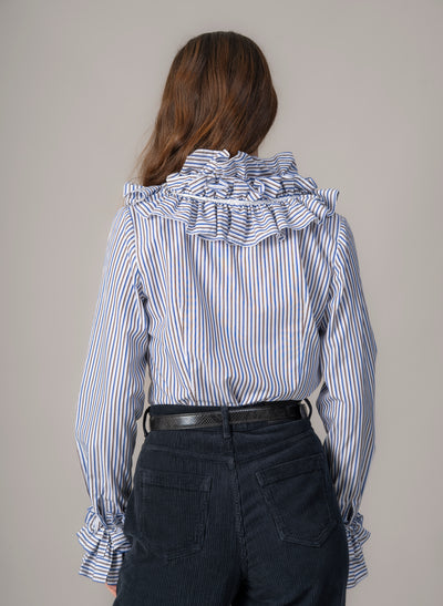 Filadelfia Navy & Brown Stripe Tailored Ruffle Collar and Cuff Shirt