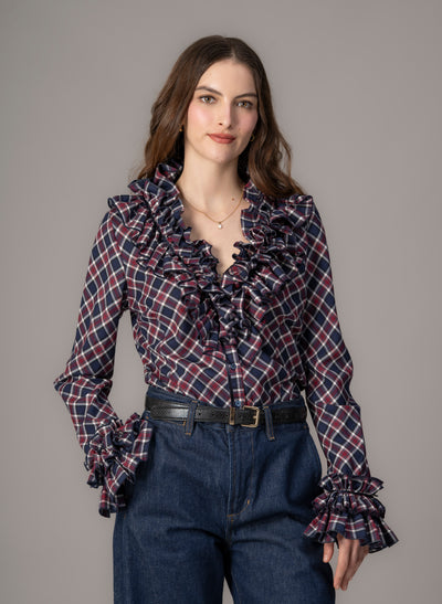 Filadelfia Tartan Check Tailored Ruffle Collar and Cuff Shirt