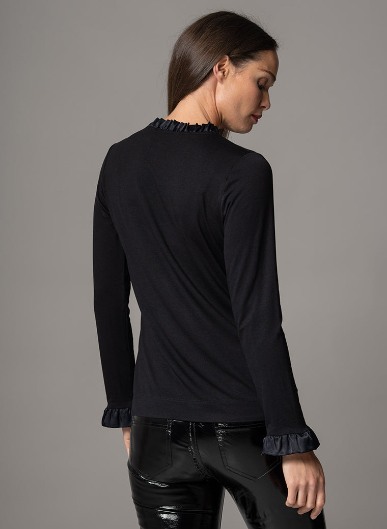 FLAVIA BLACK JERSEY LAYERING BLOUSE WITH FRILL SATIN TRIM