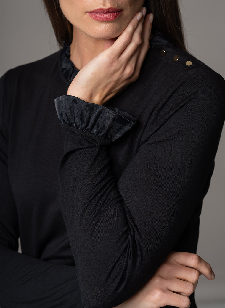 FLAVIA BLACK JERSEY LAYERING BLOUSE WITH FRILL SATIN TRIM