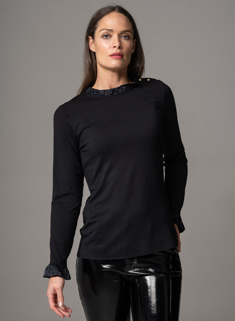 FLAVIA BLACK JERSEY LAYERING BLOUSE WITH FRILL SATIN TRIM