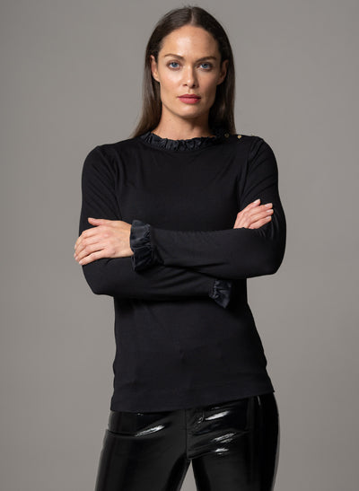 FLAVIA BLACK JERSEY LAYERING BLOUSE WITH FRILL SATIN TRIM