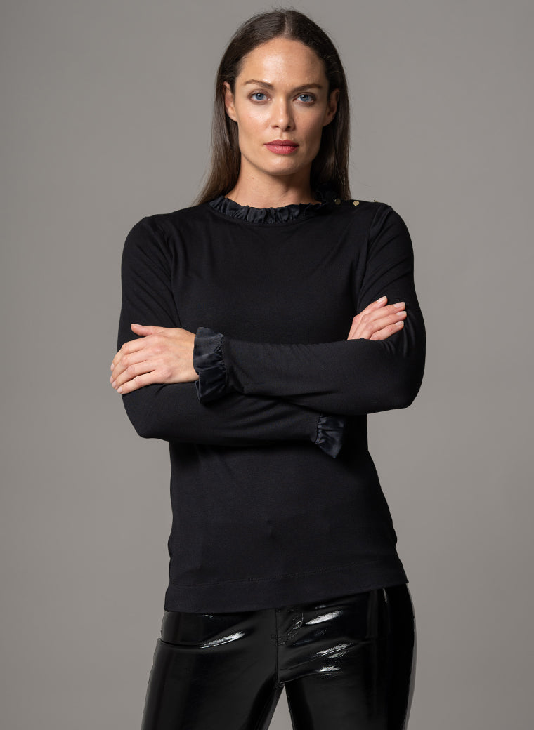 FLAVIA BLACK JERSEY LAYERING BLOUSE WITH FRILL SATIN TRIM