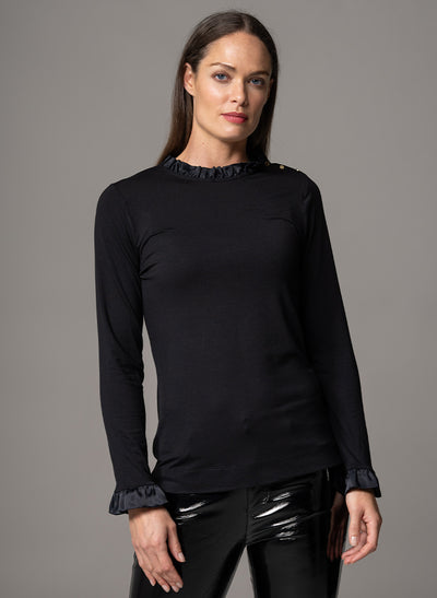 FLAVIA BLACK JERSEY LAYERING BLOUSE WITH FRILL SATIN TRIM