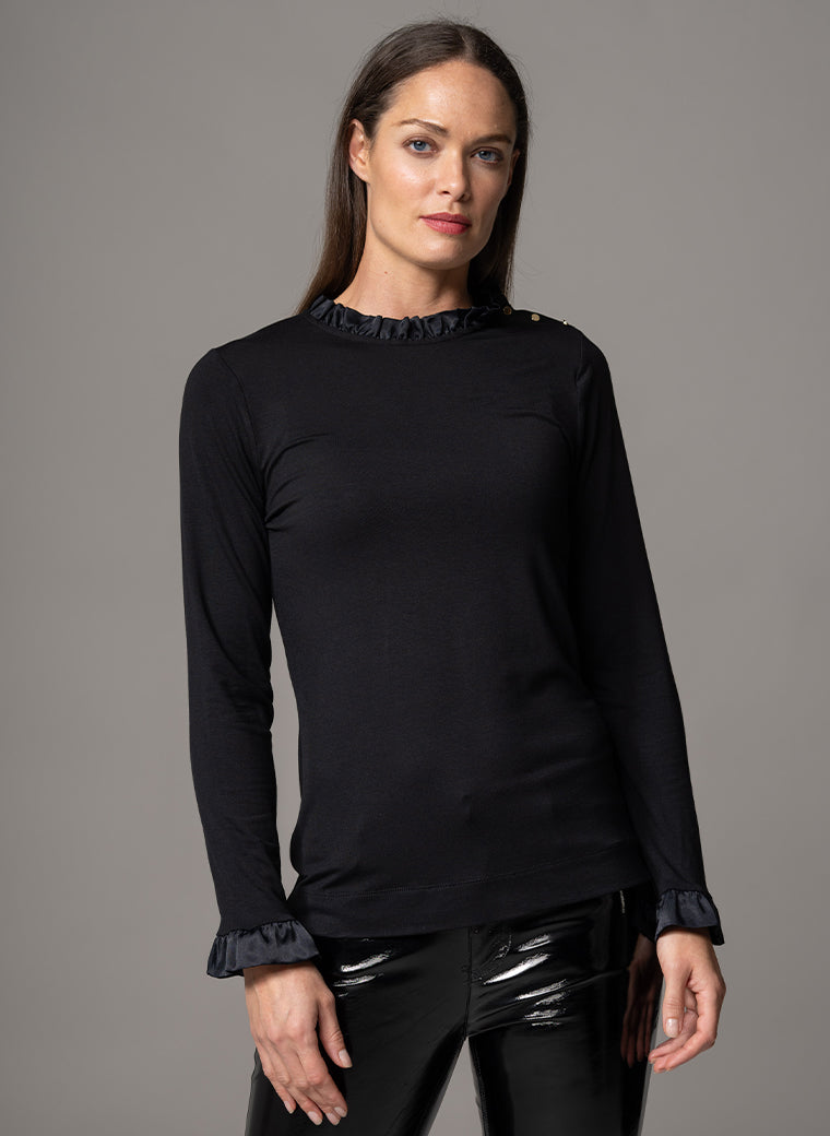FLAVIA BLACK JERSEY LAYERING BLOUSE WITH FRILL SATIN TRIM