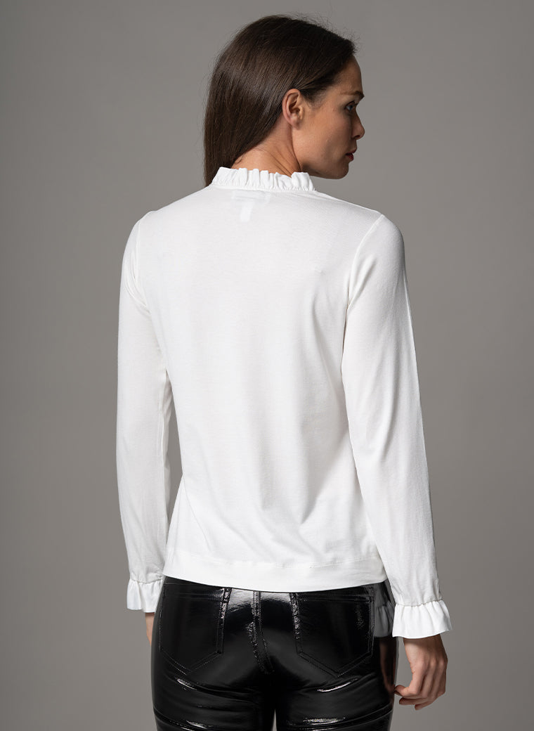 FLAVIA IVORY JERSEY LAYERING BLOUSE WITH FRILL SATIN TRIM
