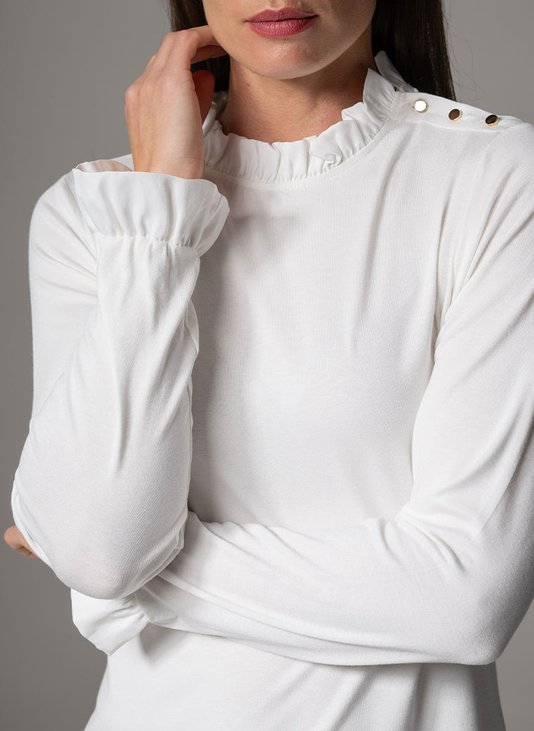 FLAVIA IVORY JERSEY LAYERING BLOUSE WITH FRILL SATIN TRIM