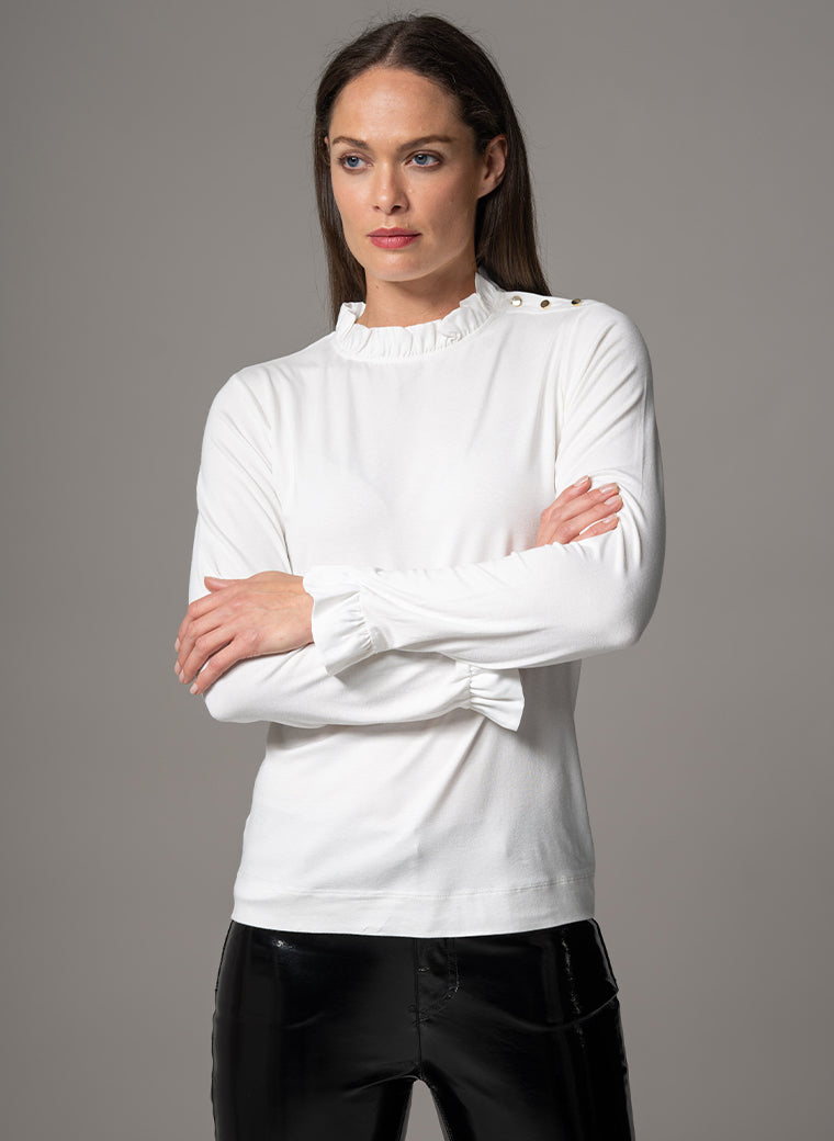 FLAVIA IVORY JERSEY LAYERING BLOUSE WITH FRILL SATIN TRIM