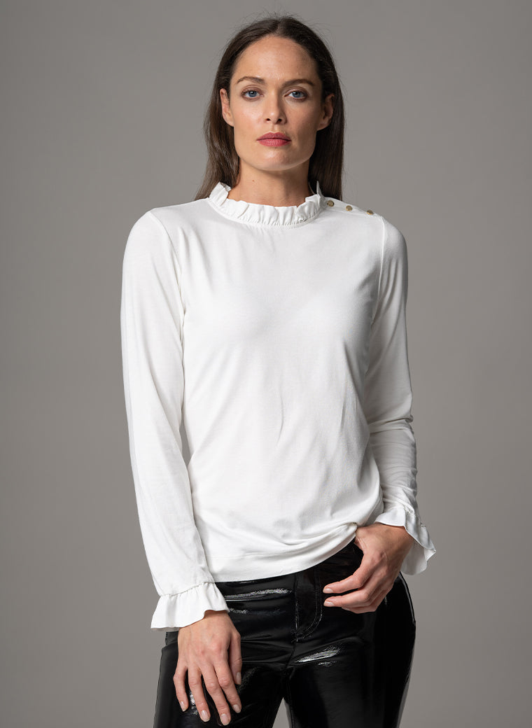 FLAVIA IVORY JERSEY LAYERING BLOUSE WITH FRILL SATIN TRIM