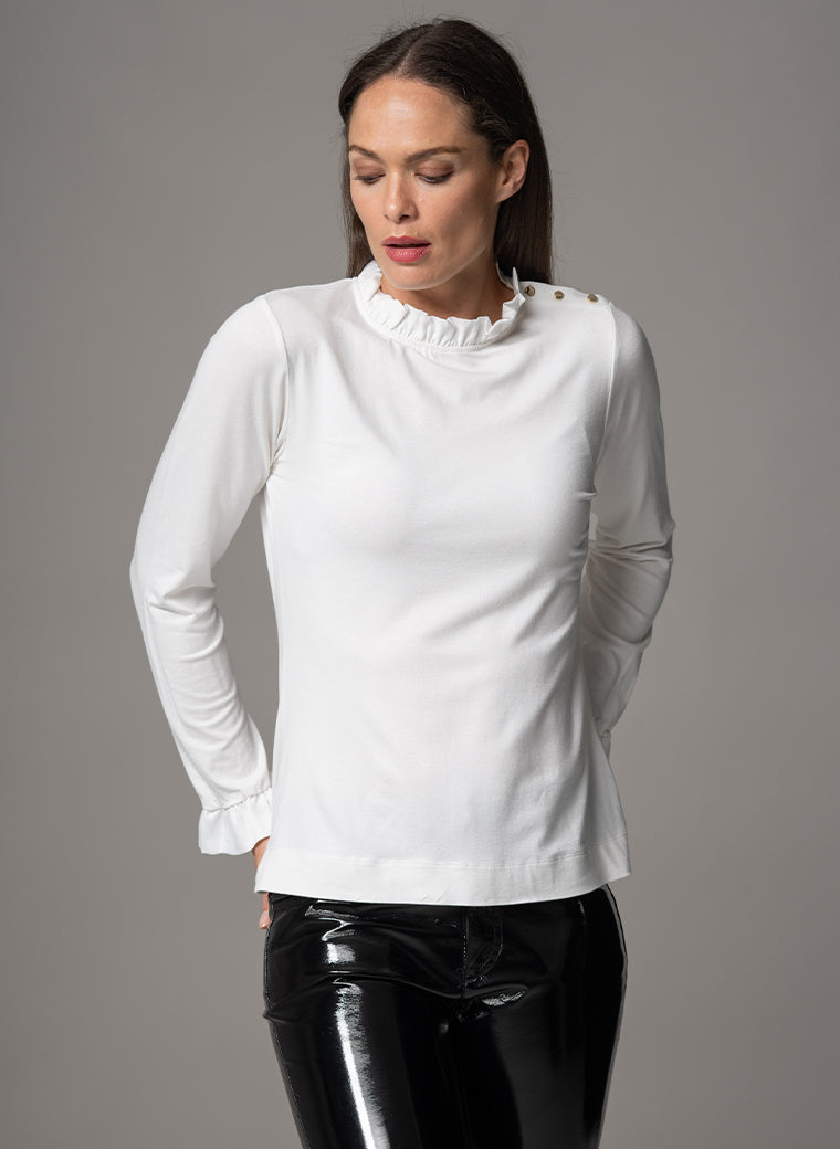 FLAVIA IVORY JERSEY LAYERING BLOUSE WITH FRILL SATIN TRIM