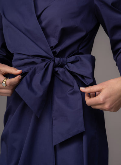 Francine Navy Cross Over Straight Skirt Midi Shirt Dress