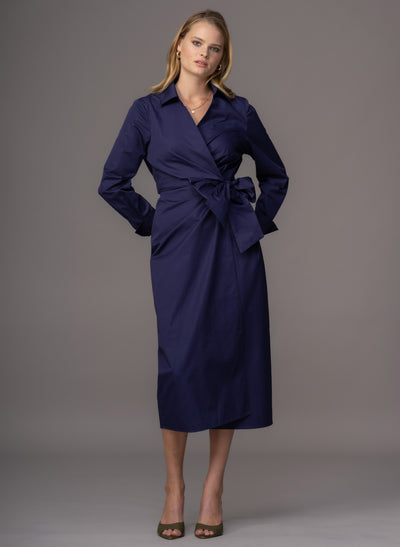 Francine Navy Cross Over Straight Skirt Midi Shirt Dress
