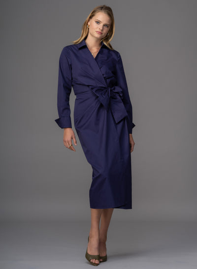 Francine Navy Cross Over Straight Skirt Midi Shirt Dress