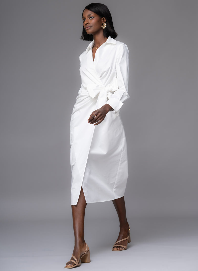 Francine White Cross Over Straight Skirt Midi Shirt Dress