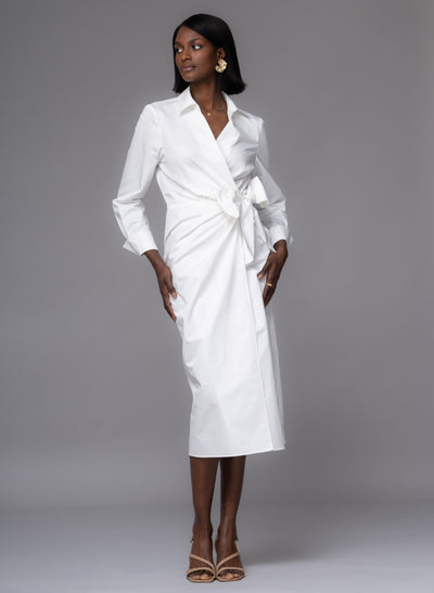 Francine White Cross Over Straight Skirt Midi Shirt Dress