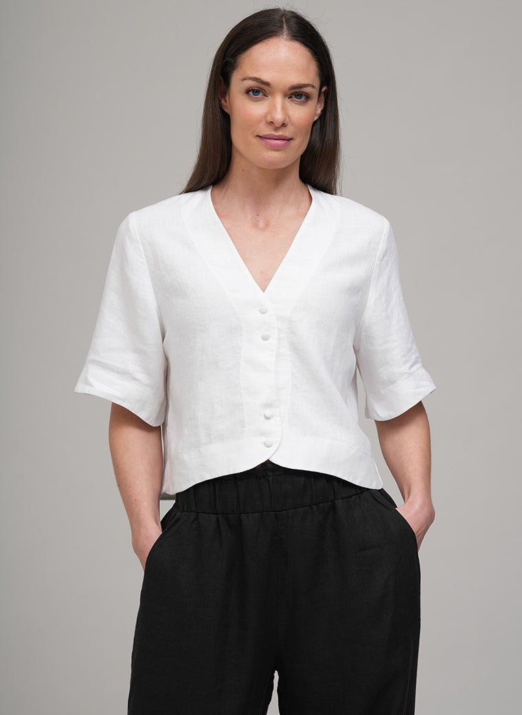 GRETEL CROPPED EASY FIT LINEN SHIRT JACKET IN WHITE