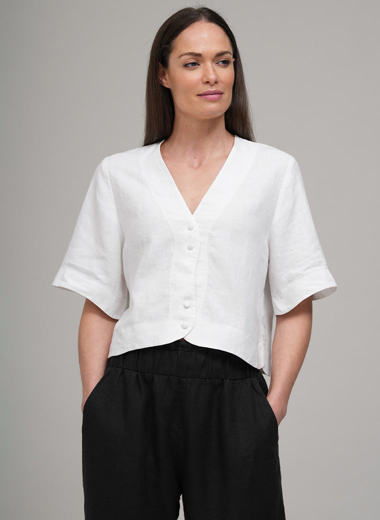 GRETEL CROPPED EASY FIT LINEN SHIRT JACKET IN WHITE