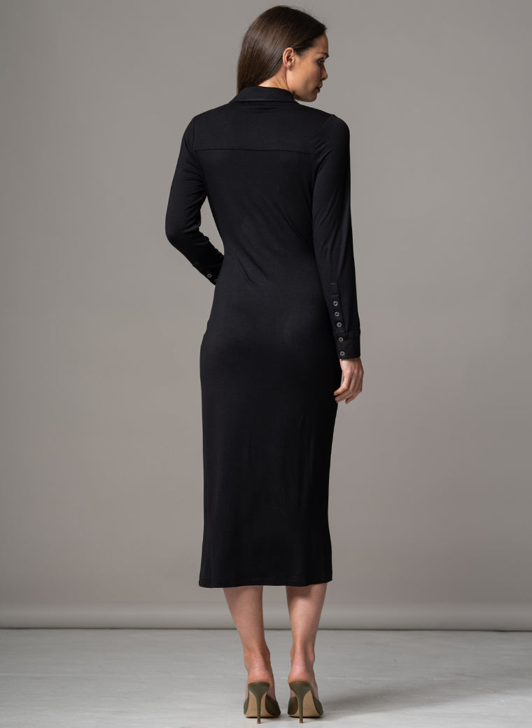 HAVANA BLACK GATHERED FRONT SCULPTING JERSEY SHIRT DRESS