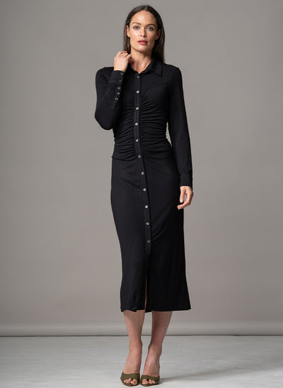 HAVANA BLACK GATHERED FRONT SCULPTING JERSEY SHIRT DRESS